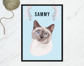 Aangepaste huisdierportretten, huisdier kunst aan de muur, print siamese kat, portret siamese kat, portret siamese kat, digitale siamese kat, posterontwerp kat, gepersonaliseerde kat print
