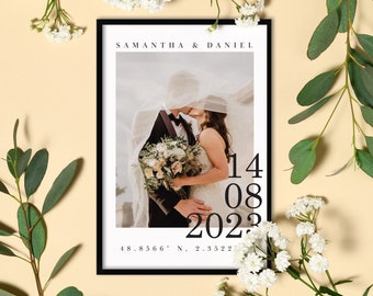 Trouwdagcadeaus, huwelijksportret, cadeaus voor haar, trouwfoto, Valentijnsdagcadeau, fotocadeau jubileum, coördinaten cadeau