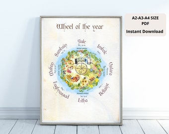 Wheel of the year printable, witch calendar 2022, wiccan decor, pagan gift for magic lover, witchy gifts for women, celtic witchcraft,  yule