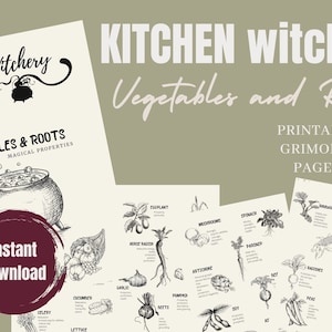 Kitchen witch herbs and vegetables, grimoire printables for beginner witch, book of shadows printable pages