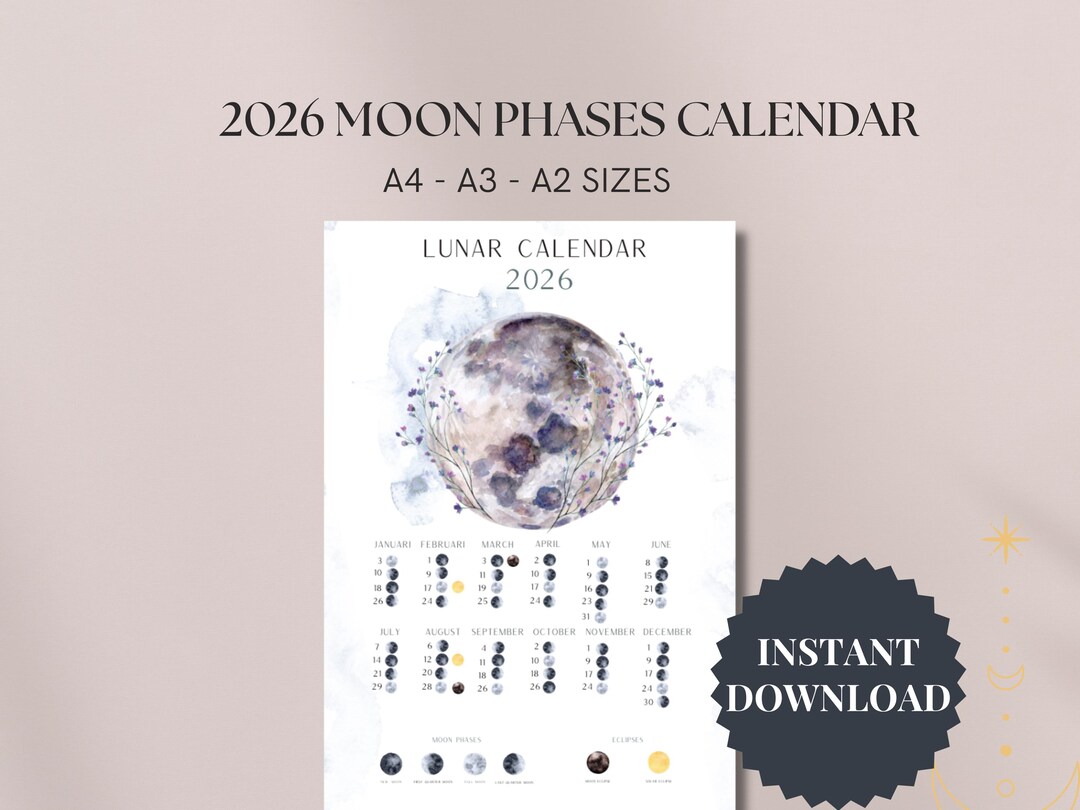 2026 Lunar Calendar Printable PDF With Moon Phases Wall Art Instant ...