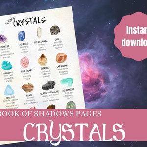 Pode incluir: Um gráfico imprimível com ilustrações de aquarela de diferentes cristais e suas propriedades associadas. O gráfico é intitulado "Witchy Crystals" e inclui cristais como ametista, selenita, quartzo rosa e citrino. O gráfico está etiquetado como "Book of Shadows Pages Crystals".