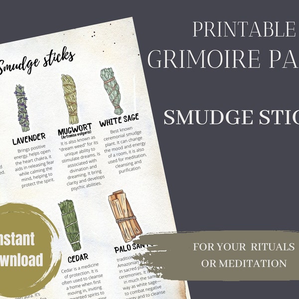 Smudge stick instructions for spell book, white sage, palo santo, stick guide, digital download book of shadows, printable grimoire pages