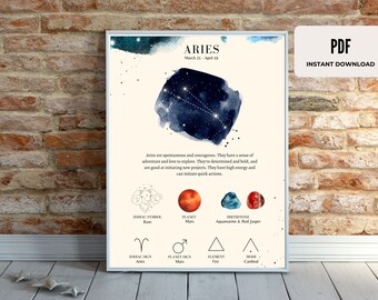 ARIES poster, zodiac digital print, instant download star sign wall art, constellation print for birthday gift and zodiac gifts,
