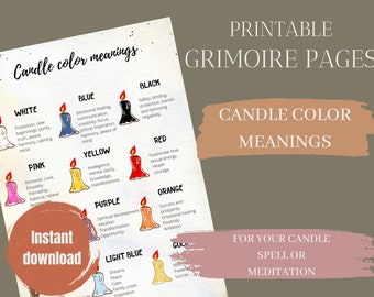 May include: Printable candle colour meanings chart with illustrations of candles in various colours, including white, pink, blue, yellow, purple, light blue, black, red, orange, and gold. The chart lists the colour meanings for each candle colour. The text at the top of the chart reads "Candle colour meanings." The text at the bottom of the chart reads "For your candle spell or meditation."