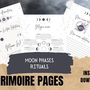 Moon phase ritual, book of shadows, grimoire pages,  moon water and moon journal, lunar calendar for witch planner, Witchcraft Supplies