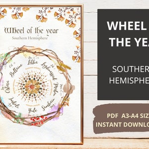 Book of shadows witch calendar, Southern Hemisphere Wheel of the Year, printable wall art for pagan decor, wiccan gifts