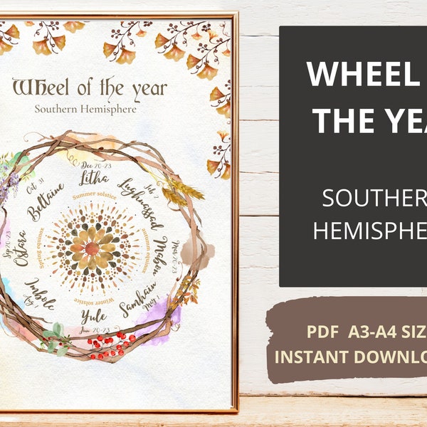 Book of shadows witch calendar, Southern Hemisphere Wheel of the Year, printable wall art for pagan decor, wiccan gifts