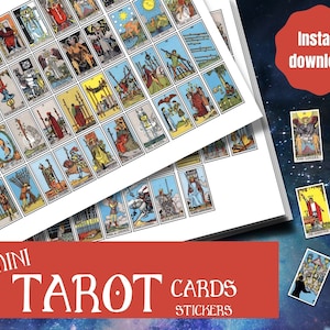 Baraja de cartas de tarot imprimible, pegatinas de tarot, mini baraja de tarot de Rider Waite, las 78 cartas con arcanos mayores y menores, pegatinas de diario,