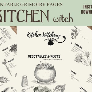 Kitchen witch herbs and vegetables, grimoire printables for beginner witch, book of shadows printable pages