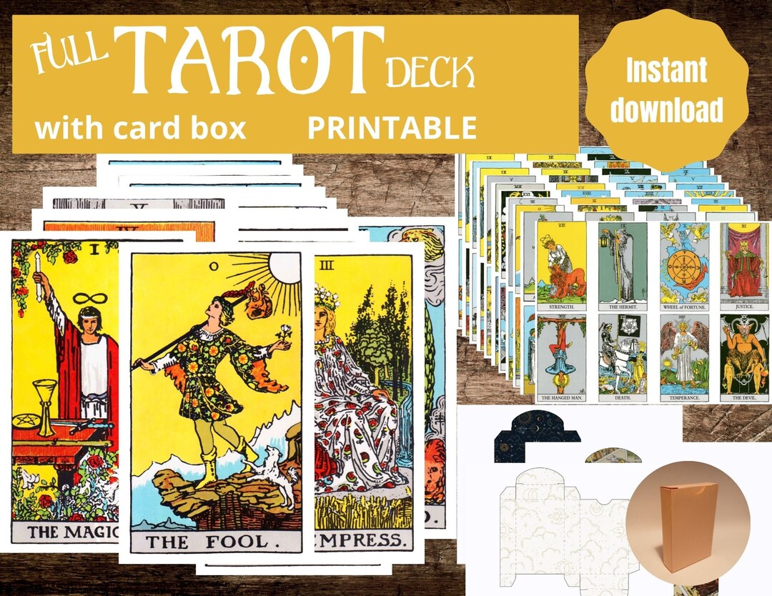 Printable Tarot Deck With Tarot Card Box, Rider Waite Tarot Cards, All 78 Cards With Major and