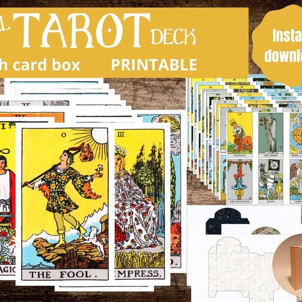 Printable tarot deck with tarot card box, Rider Waite tarot cards, all 78 cards with major and minor arcana