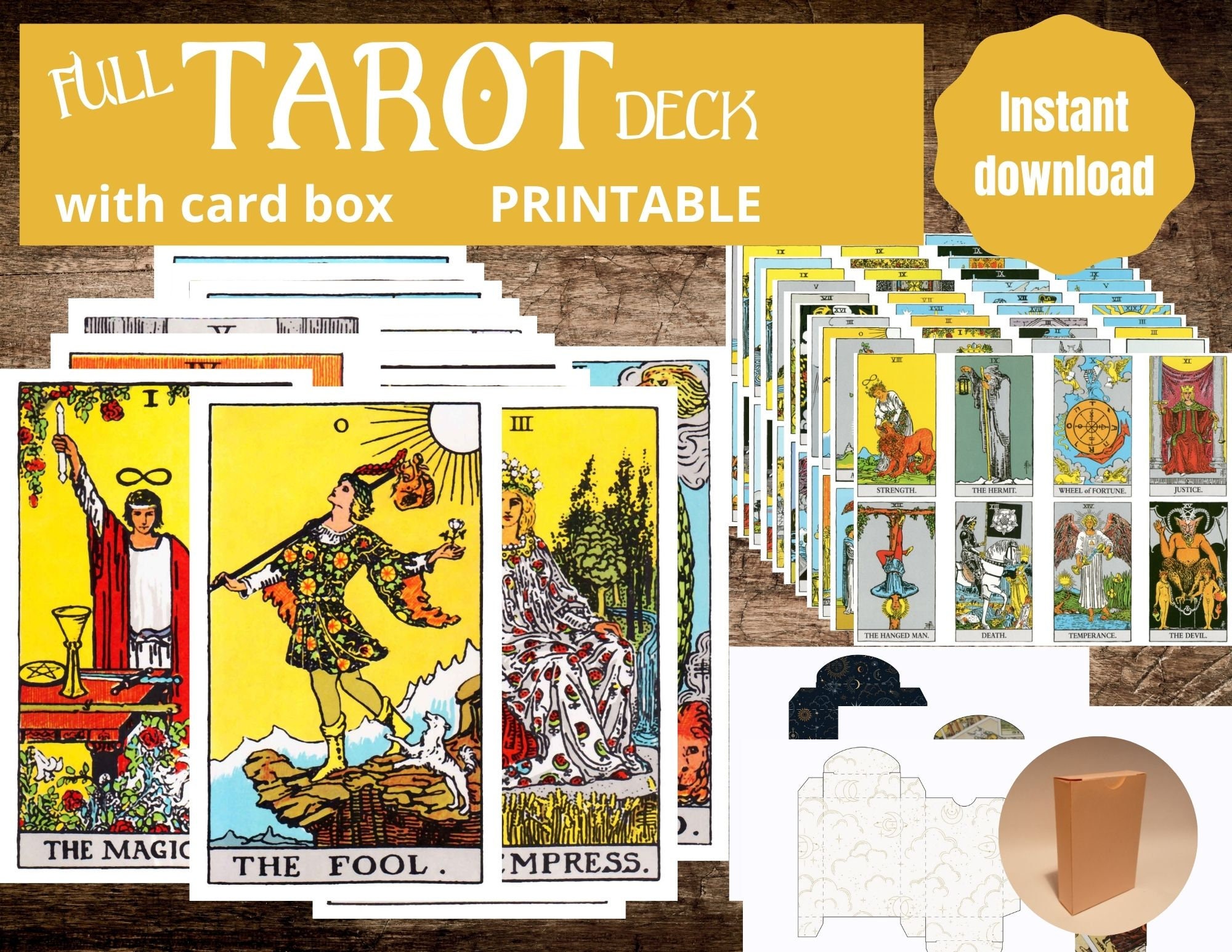Printable Tarot Deck With Tarot Card Box, Rider Waite Tarot Cards, All