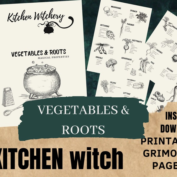 Kitchen witch herbs and vegetables, grimoire printables for beginner witch, book of shadows printable pages