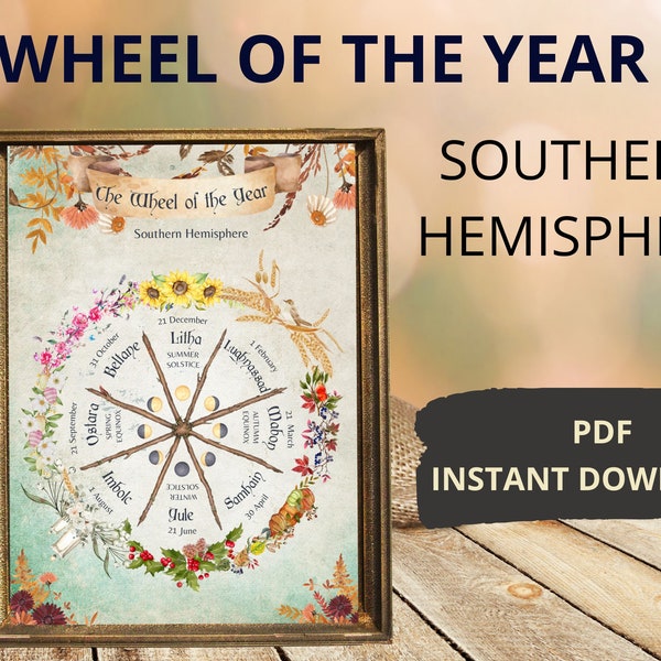 Wheel of the Year 2023, southern hemisphere printable wall art, book of shadows, witch grimoire, Witch calendar, wiccan decor