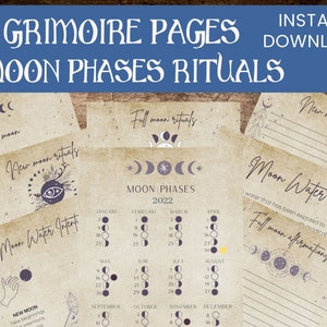 Moon phase ritual, book of shadows, grimoire pages,  moon water and moon journal, lunar calendar for witch planner, Witchcraft Supplies