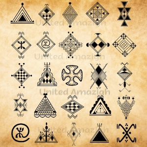 May include: Twenty black geometric designs are displayed on a tan background. The designs feature triangles, diamonds, and cross shapes, with detailed patterns. The text "United Amazigh" is visible in the image.