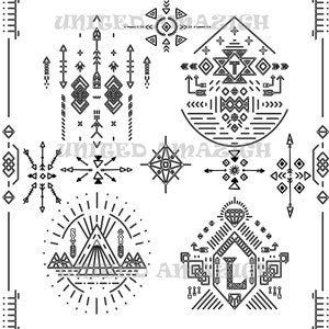 May include: A set of black and white geometric designs with a tribal theme. The designs include arrows, diamonds, stars, and other shapes.