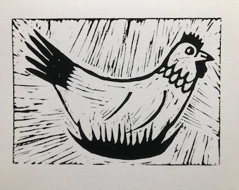 Chicken Handmade Linocut A5 Linoprint Card and Envelope