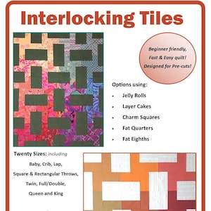 Peut inclure: Modèle de courtepointe en carreaux imbriqués avec deux exemples du motif. Le premier exemple est une courtepointe colorée avec une variété de tissus. Le deuxième exemple est une courtepointe avec un fond blanc et des tissus orange, rouge, brun et vert. Le texte "Twenty Sizes: including Baby, Crib, Lap, Square & Rectangular Throws, Twin, Full/Double, Queen and King" est sous le premier exemple. Le texte "Beginner friendly, Fast & Easy quilt! Designed for Pre-cuts!" est dans un cercle à droite du premier exemple. Le texte "Options using: Jelly Rolls, Layer Cakes, Charm Squares, Fat Quarters, Fat Eighths" est à droite du deuxième exemple. Le texte "Quilts by Snee" est sous le deuxième exemple.