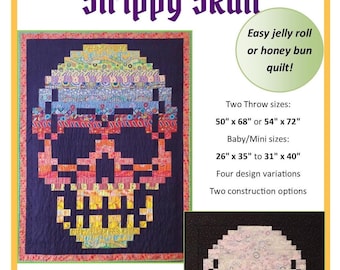Strippy Skull Quilt PDF Pattern for jelly rolls or honey buns. Two Throw sizes plus Baby or Mini quilt. Fast, easy beginner friendly design!