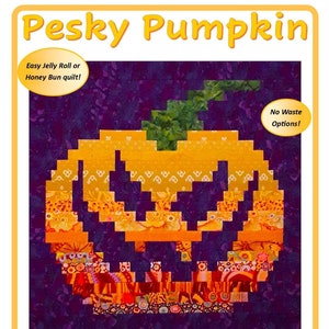 May include: A digital quilt pattern for a pumpkin-shaped quilt. The pattern is called "Pesky Pumpkin" and is described as an easy jelly roll or honey bun quilt. The pattern includes no waste options for both jelly roll and honey bun quilts. The quilt is made up of orange, red, and green squares. The background is purple. The pattern includes instructions for making a square or rectangular quilt. The pattern also includes instructions for making a pillow, baby, lap, or mini quilt.
