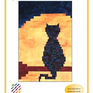 Halloween Cats Quilt Pattern (PDF): Solo or Double Cats on a spooky night out! Human designed easy beginner quilts for pre-cuts in 5 sizes