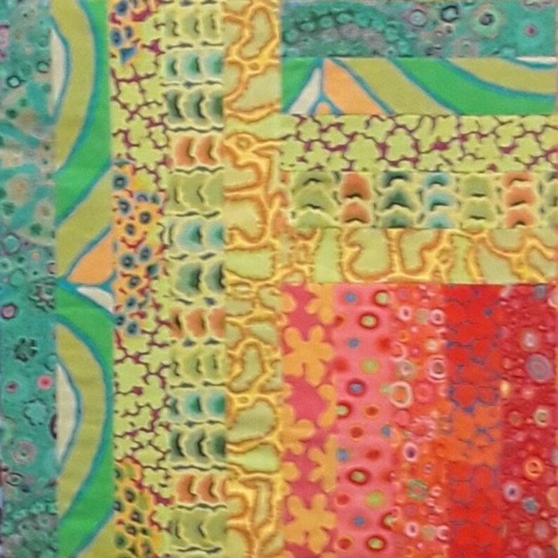 May include: A patchwork quilt with a variety of colorful fabrics. The quilt is made up of different squares and rectangles, each with a unique pattern. The colors include green, yellow, orange, red, and pink.