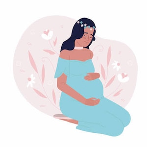 May include: A pregnant person in a light blue dress with a floral headband sits with their hands on their belly. The background is a soft pink with floral designs.