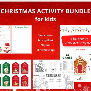 Paquete de actividades navideñas para niños imprimible, paquete de actividades para niños, carta de Papá Noel, tapete de juego para libros de actividades navideñas, etiquetas navideñas