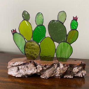 Stained Glass Cactus, Agave Succulent Panel inlaid on Driftwood Base