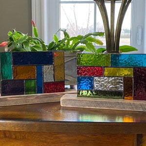 Stained Glass Geometric Rectangular Shape Panels inlaid on hardwood base - several designs to choose from
