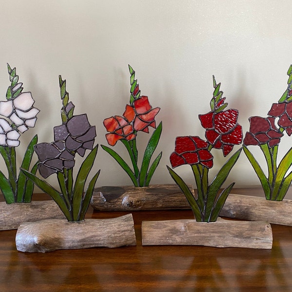 Stained Glass Gladiolus Flowers inlaid in Driftwood Base - over 10 colours to choose