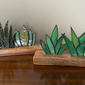 Stained Glass Cactus Succulent on Wood Base: Desert Decor; 2 styles to choose from