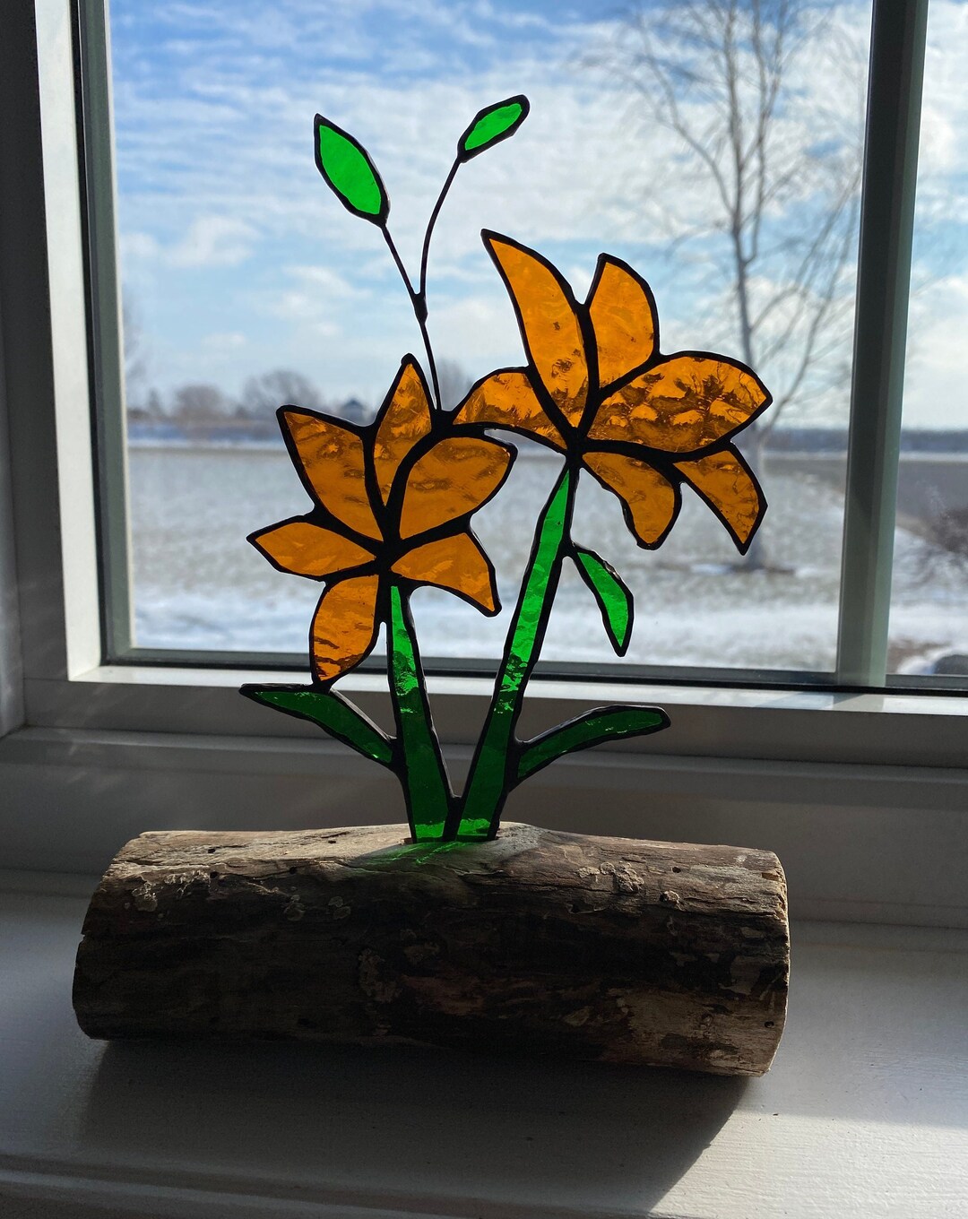 Stained Glass Lilies Inlaid on Driftwood Base Several Etsy