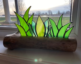 Stained Glass Cactus Agave Succulents Arrangement Inlaid on a Driftwood Base