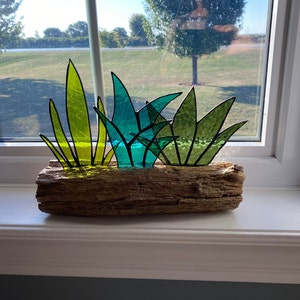 Glasmalerei Kaktus Agave Sukkulenten Arrangement auf Treibholzsockel