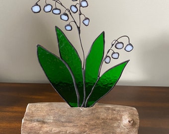 Stained Glass Lily of the Valley Bouquet inlaid on Driftwood Base