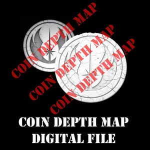 May include: Two white, circular digital files with a cracked texture and a starburst design, set against a black background. The text "COIN DEPTH MAP" is stamped across the image in red, with the words "COIN DEPTH MAP DIGITAL FILE" in white at the bottom.