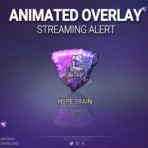 Può includere: Sovrapposizione animata viola e blu con una grafica di un treno e il testo "Hype Train" per gli avvisi di streaming.