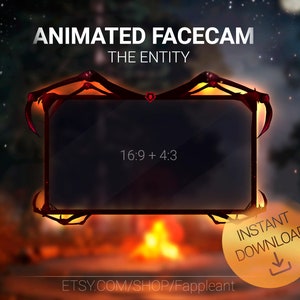 Könnte beinhalten: Animiertes Facecam-Overlay mit einem roten und schwarzen Rahmen, das ein Skelettdesign aufweist. Der Text "ANIMATED FACECAM THE ENTITY" befindet sich oben im Rahmen. Der Text "16:9 + 4:3" befindet sich in der Mitte des Rahmens. Der Text "INSTANT DOWNLOAD" befindet sich in einem goldenen Kreis mit einem Download-Pfeil.