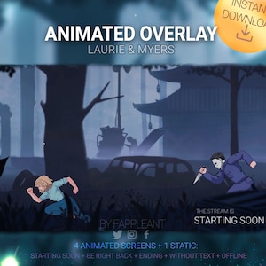 May include: Animated overlay for streaming with a dark blue background, featuring a silhouette of a house with a red roof, a car, and two figures running. The text "Laurie & Myers" is displayed in white. The text "The stream is starting soon" is displayed in white. The text "4 animated screens + 1 static: starting soon + be right back + ending + without text + offline" is displayed in white.