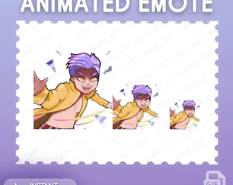 May include: Animated GIF emote of a purple-haired character with yellow clothing and a mischievous expression. The character is shown in three different poses, each with a different background.