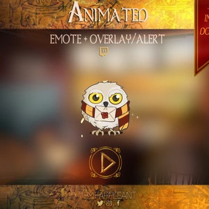 May include: Animated owl emote with a letter, set against a blurred brown background. The owl has white feathers, yellow eyes, and a scarf. Text includes "ANIMATED", "EMOTE + OVERLAY/ALERT", and "INSTANT DOWNLOAD".