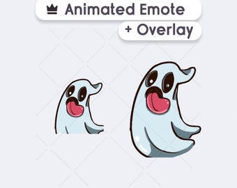 May include: A digital graphic featuring two light blue ghost characters with large black eyes and open mouths showing pink tongues. The text at the top reads Animated Emote + Overlay, and the bottom text reads E O FAPPLEANT.