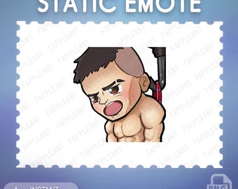 Op de afbeelding: Digitale illustratie van een gespierd personage met een angstige uitdrukking. De afbeelding bevat de tekst "STATIC EMOTE" bovenaan, met "INSTANT DOWNLOAD" en "PNG" onderaan. Het personage is bevestigd aan een metalen apparaat.