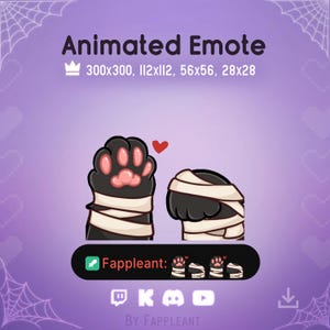 Könnte beinhalten: Animiertes Emote mit zwei schwarzen Katzenpfoten, die in weiße Bandagen gewickelt sind. Eine Pfote ist erhoben, zeigt rosa Ballen und ein kleines rotes Herz darüber. Der Text lautet Animated Emote, 300x300, 112x112, 56x56, 28x28 und Fappleant.