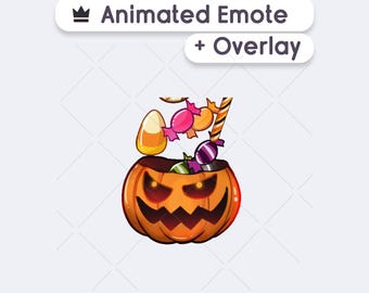 May include: An animated emote and overlay graphic featuring a carved orange jack-o'-lantern pumpkin with glowing eyes and a jagged mouth, filled with various colorful candies including candy corn, lollipops, and wrapped sweets.