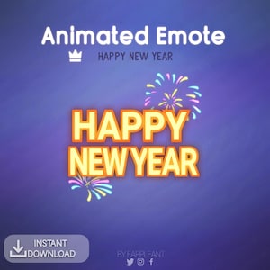 May include: Animated Emote graphic with the text "Happy New Year" in orange with a yellow outline, set against a blue background. Includes fireworks and a download button.