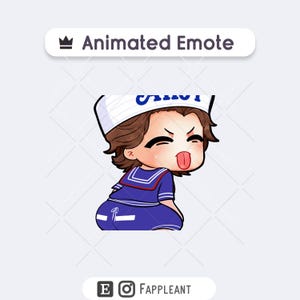 May include: An animated emote featuring a cartoon character with brown hair wearing a white sailor hat and a blue sailor uniform. The character has a playful expression with their tongue sticking out. The text Animated Emote is at the top.